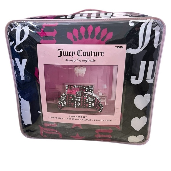 Juicy Couture 5pc TWIN Comforter Set Black White Pink Hearts Crowns Spell Out - Picture 1 of 3